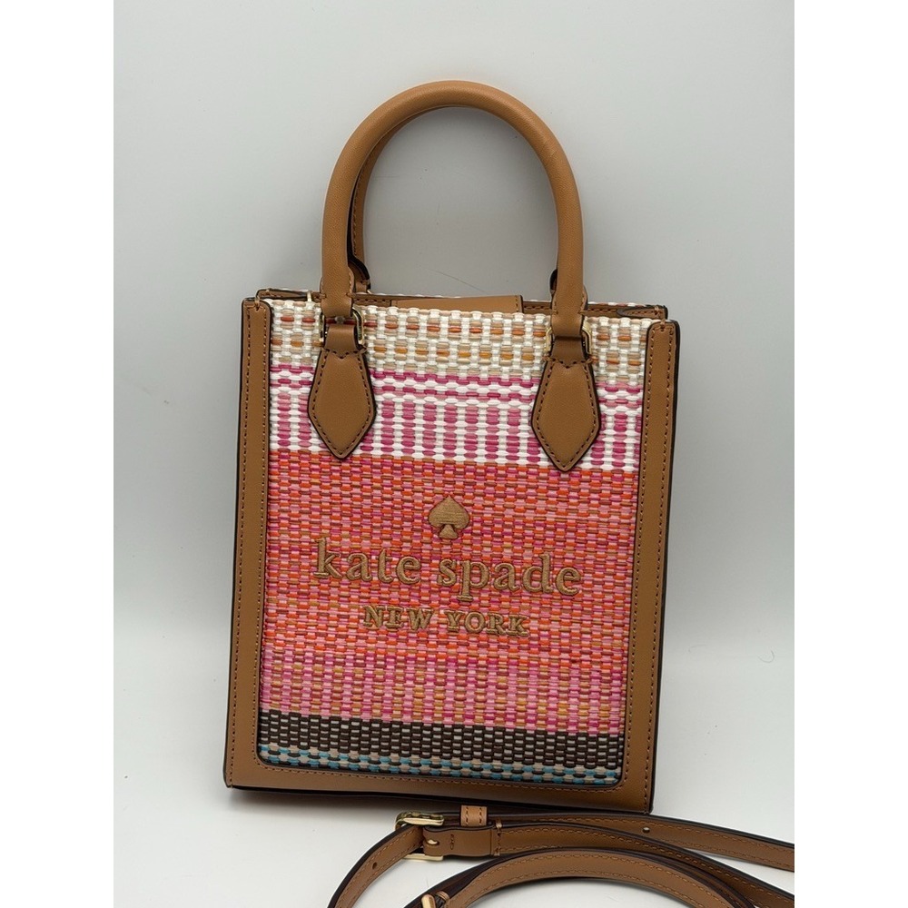 Kate Spade Manhattan Woven Stripe North South Mini Tote Pink Orange Tan Bag - Picture 2 of 7